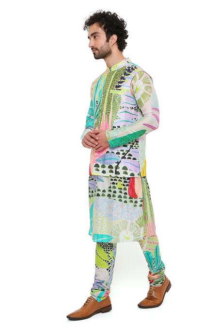 Shop_PS Men By Payal Singhal_Green Dupion , Mul Tropical Monet Printed Bundi And Kurta Set_Online_at_Aza_Fashions