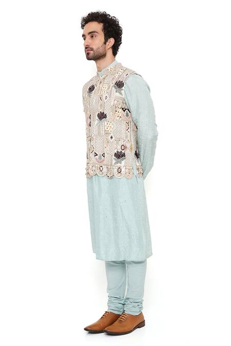 PS Men By Payal Singhal_Off White Georgette Embroidery Lotus Kiaan Bundi And Kurta Set _at_Aza_Fashions