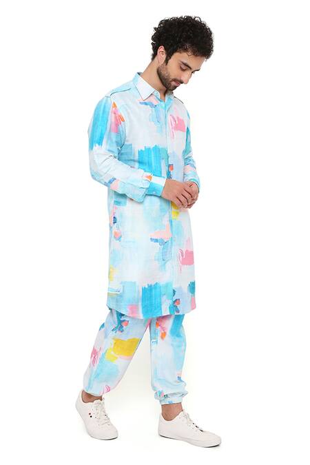 PS Men By Payal Singhal_Blue Dupion Silk Painterly Gustav Printed Kurta Set _at_Aza_Fashions