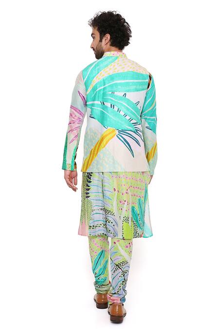 PS Men By Payal Singhal_Green Dupion , Mul Tropical Monet Printed Bundi And Kurta Set_at_Aza_Fashions