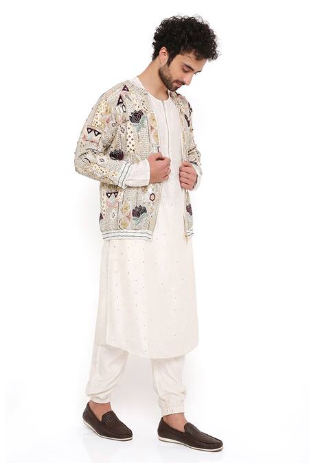 Shop_PS Men By Payal Singhal_Off White Georgette Embroidery Lotus Raj Jacket And Kurta Set _Online_at_Aza_Fashions