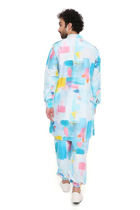 Buy_PS Men By Payal Singhal_Blue Dupion Silk Painterly Gustav Printed Kurta Set 