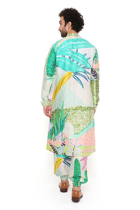 Shop_PS Men By Payal Singhal_Green Dupion Silk Tropical Wanderlust Printed Kurta Set _Online_at_Aza_Fashions