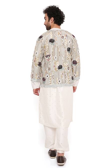 Buy_PS Men By Payal Singhal_Off White Georgette Embroidery Lotus Raj Jacket And Kurta Set 