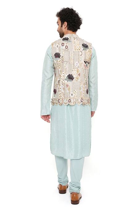 Shop_PS Men By Payal Singhal_Off White Georgette Embroidery Lotus Kiaan Bundi And Kurta Set _Online_at_Aza_Fashions