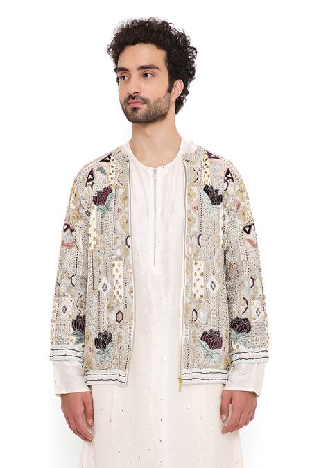 Shop_PS Men By Payal Singhal_Off White Georgette Embroidery Lotus Raj Jacket And Kurta Set 