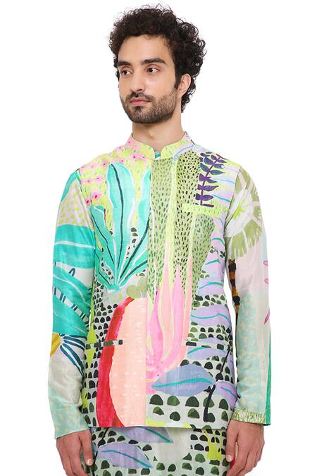 Shop_PS Men By Payal Singhal_Green Dupion , Mul Tropical Monet Printed Bundi And Kurta Set