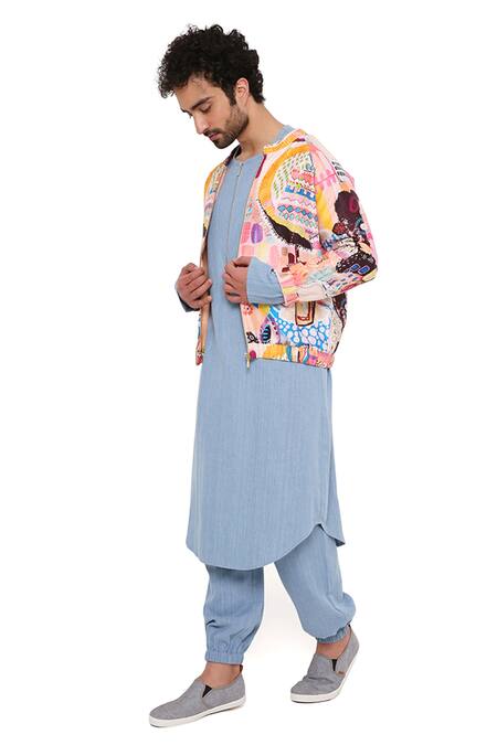 Buy_PS Men By Payal Singhal_Peach Dupion Silk, Denim Trance Lupin Printed Jacket And Kurta Set