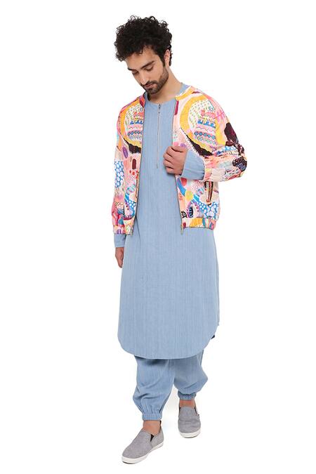Shop_PS Men By Payal Singhal_Peach Dupion Silk, Denim Trance Lupin Printed Jacket And Kurta Set