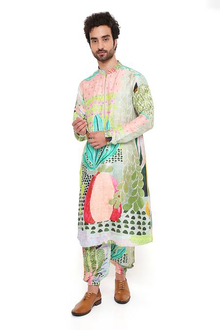 PS Men By Payal Singhal_Green Dupion Silk Tropical Wanderlust Printed Kurta Set _at_Aza_Fashions