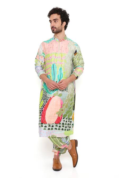 Buy_PS Men By Payal Singhal_Green Dupion Silk Tropical Wanderlust Printed Kurta Set 