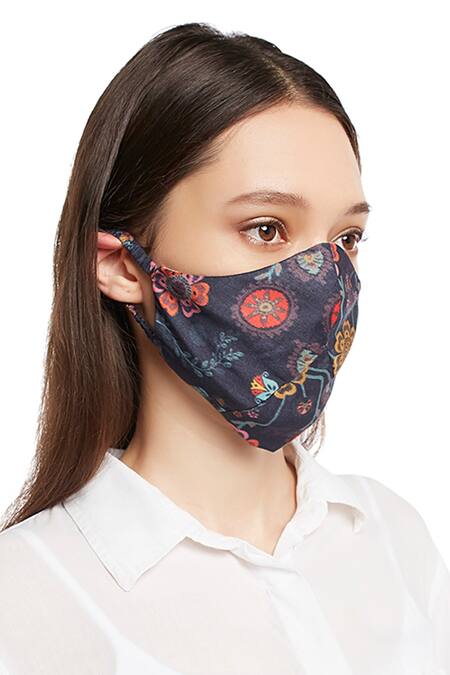 Payal Singhal Accessories_Blue Printed Reversible Face Mask_Online_at_Aza_Fashions