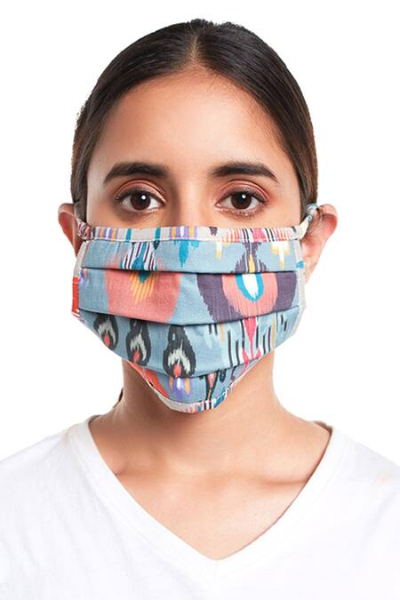 Payal Singhal Accessories_Blue Printed 3 Ply Face Mask With Pouch_Online_at_Aza_Fashions