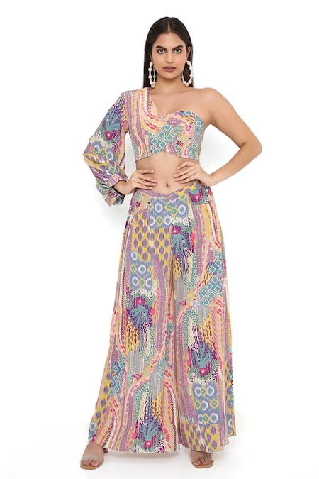 PS Pret By Payal Singhal Green Crepe Printed African Patterns Asymmetric One Shoulder Top And Palazzo Set 