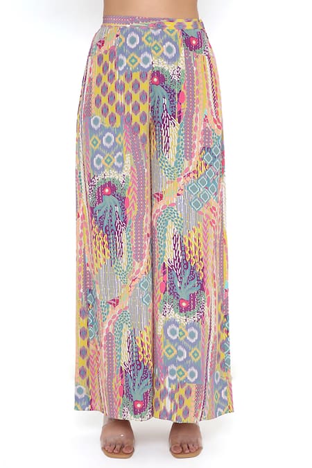 Shop_PS Pret By Payal Singhal_Green Crepe Printed African Patterns Asymmetric One Shoulder Top And Palazzo Set _Online_at_Aza_Fashions