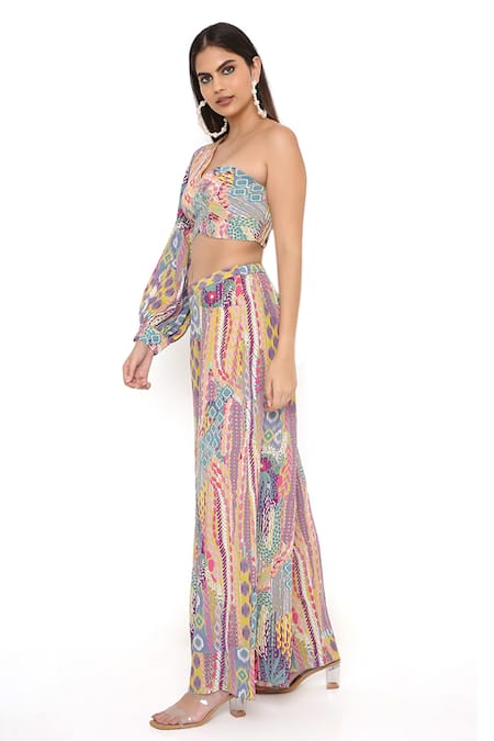 PS Pret By Payal Singhal_Green Crepe Printed African Patterns Asymmetric One Shoulder Top And Palazzo Set _Online_at_Aza_Fashions