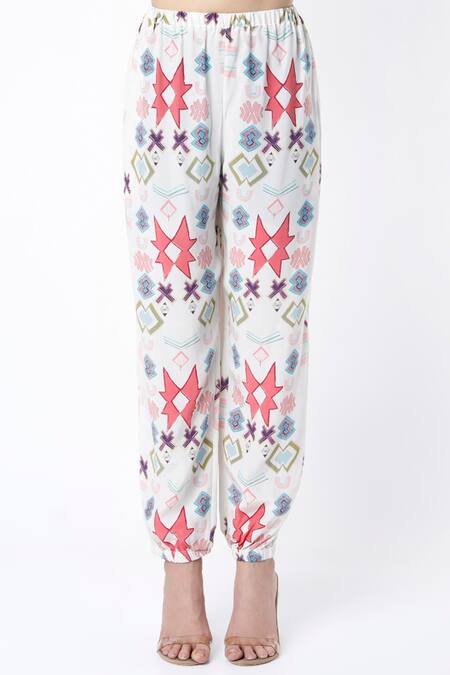 Buy PS Pret By Payal Singhal White Crepe Ikat Star Round Crop Top And Jogger Pant Set Online at Aza Fashions Buy_PS Pret By Payal Singhal_White Crepe Ikat Star Round Crop Top And Jogger Pant Set_Online_at_Aza_Fashions