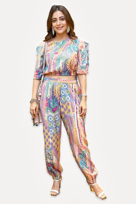 PS Pret by Payal Singhal Multi Color Crepe Abstract Round Top And Jogger Pant Set 