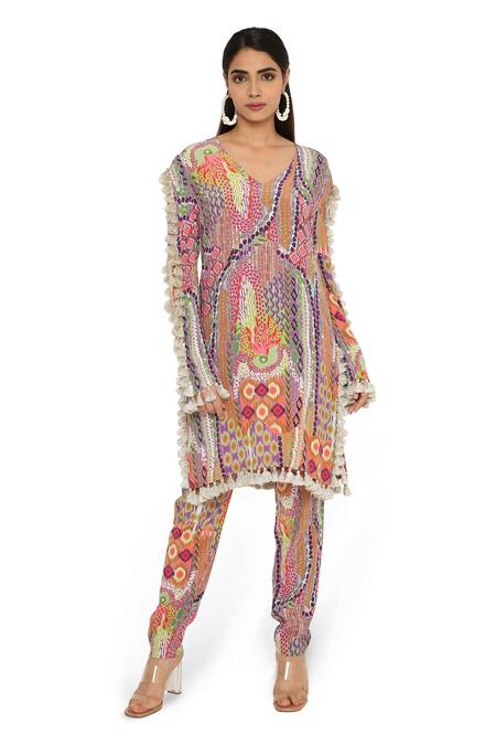 Shop_PS Pret By Payal Singhal_Multi Color Crepe Printed African V Neck Tunic And Pant Set _Online_at_Aza_Fashions