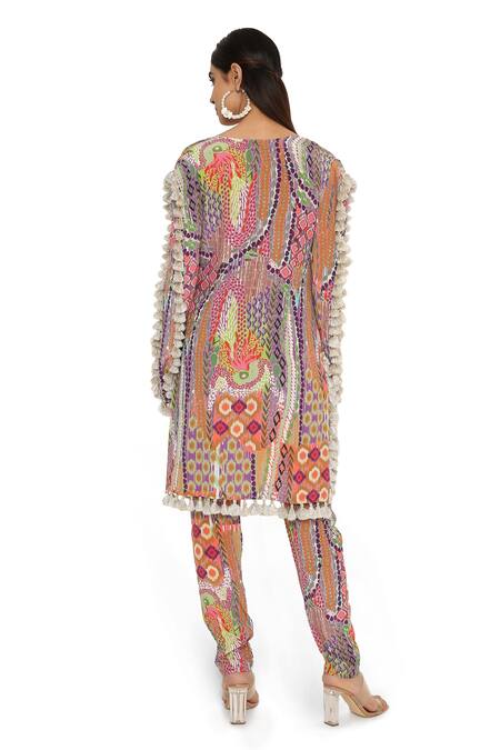 PS Pret By Payal Singhal_Multi Color Crepe Printed African V Neck Tunic And Pant Set _Online_at_Aza_Fashions