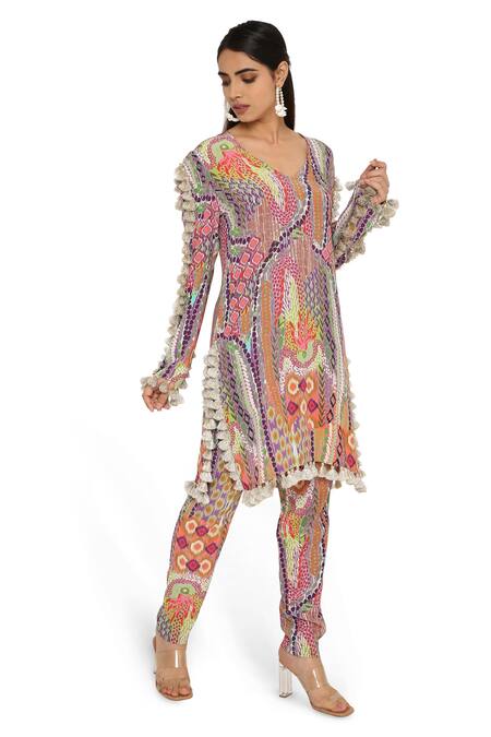 PS Pret By Payal Singhal_Multi Color Crepe Printed African V Neck Tunic And Pant Set _at_Aza_Fashions
