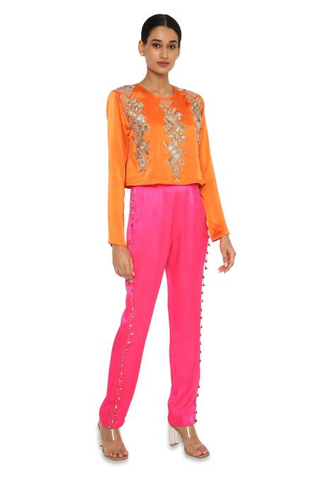 Payal Singhal_Orange Satin Embroidered Hamsa Round Work Crop Top And Pant Set_Online_at_Aza_Fashions