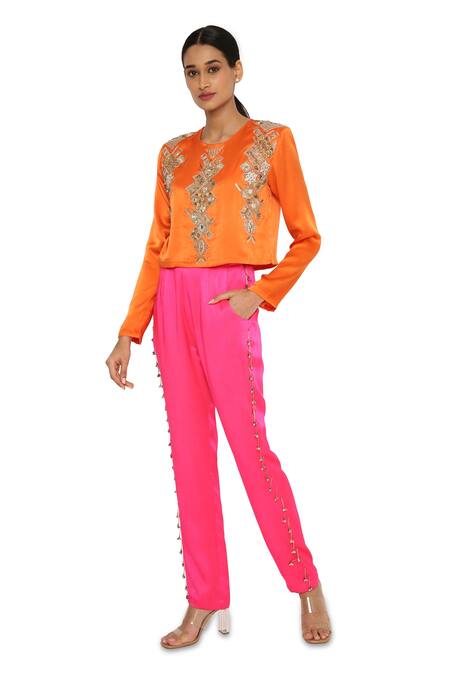 Buy_Payal Singhal_Orange Satin Embroidered Hamsa Round Work Crop Top And Pant Set_Online_at_Aza_Fashions