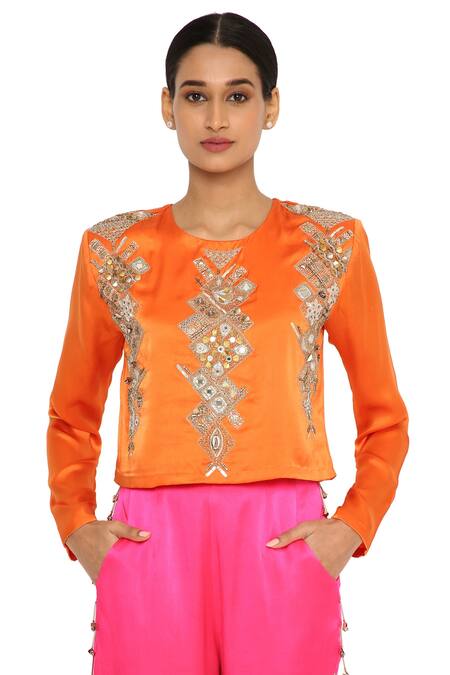 Shop_Payal Singhal_Orange Satin Embroidered Hamsa Round Work Crop Top And Pant Set_Online_at_Aza_Fashions