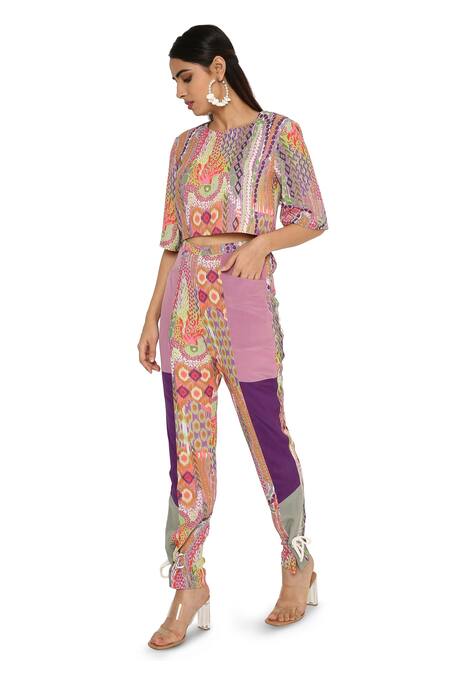 Payal Singhal_Multi Color Crepe Printed African Round Crop Top And Pant Set_Online_at_Aza_Fashions