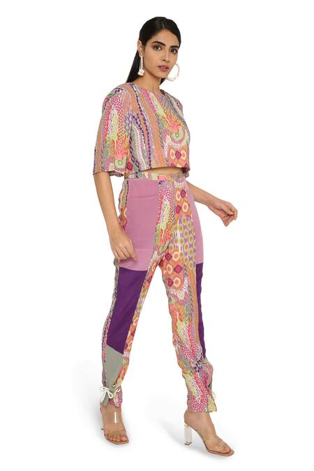 Buy_Payal Singhal_Multi Color Crepe Printed African Round Crop Top And Pant Set_Online_at_Aza_Fashions