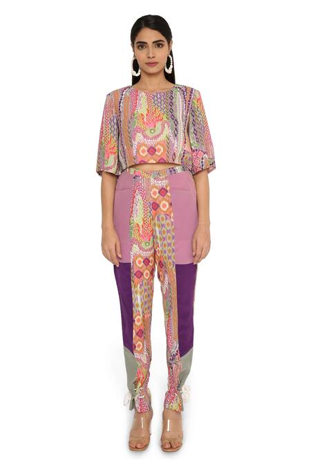 Shop_Payal Singhal_Multi Color Crepe Printed African Round Crop Top And Pant Set_Online_at_Aza_Fashions