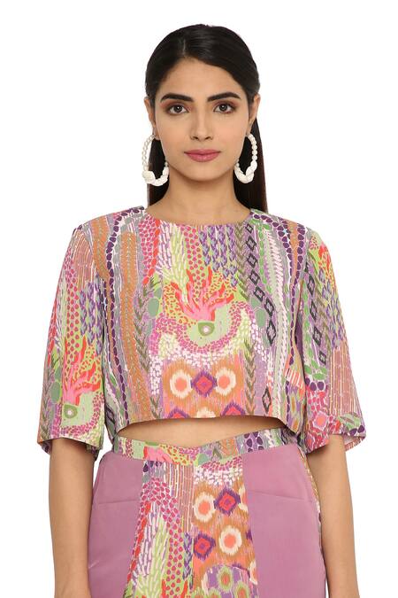 Payal Singhal_Multi Color Crepe Printed African Round Crop Top And Pant Set_at_Aza_Fashions