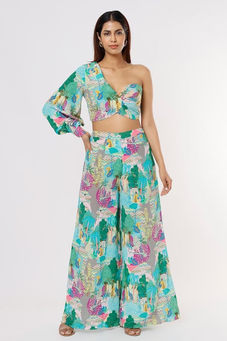 PS Pret by Payal Singhal Grey Crepe Kuno One Shoulder Crop Top And Palazzo Set 