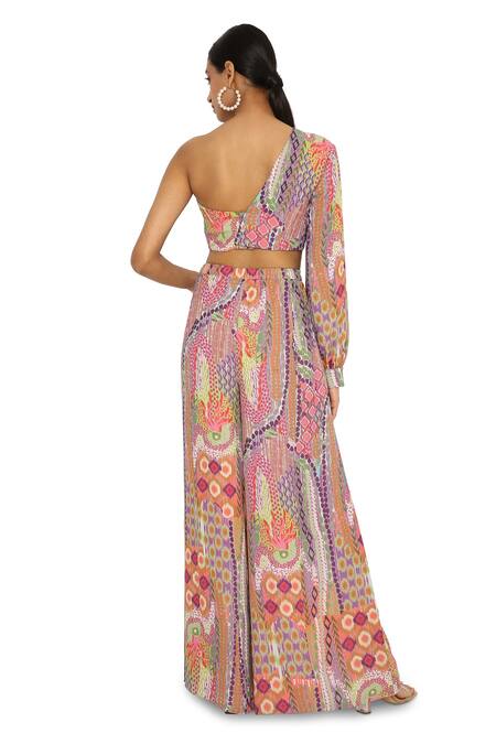 PS Pret By Payal Singhal_Multi Color Crepe Printed African Asymmetric Palazzo Set _Online_at_Aza_Fashions