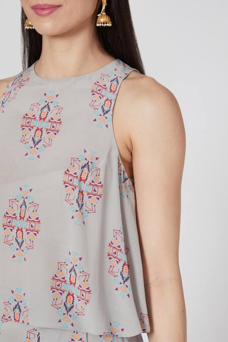 PS Pret By Payal Singhal_Grey Crepe Ikat Buti Round Top And Low Crotch Pant Set_Online_at_Aza_Fashions