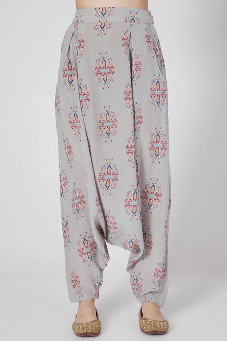 Buy_PS Pret By Payal Singhal_Grey Crepe Ikat Buti Round Top And Low Crotch Pant Set_Online_at_Aza_Fashions