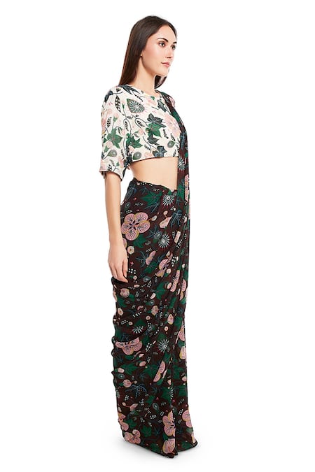 PS Pret By Payal Singhal_Brown Printed Abutilon Motif Round Saree With Blouse_Online_at_Aza_Fashions