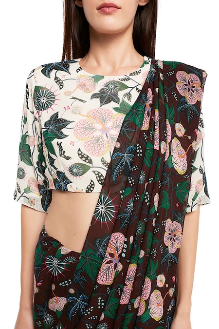 Buy_PS Pret By Payal Singhal_Brown Printed Abutilon Motif Round Saree With Blouse_Online_at_Aza_Fashions