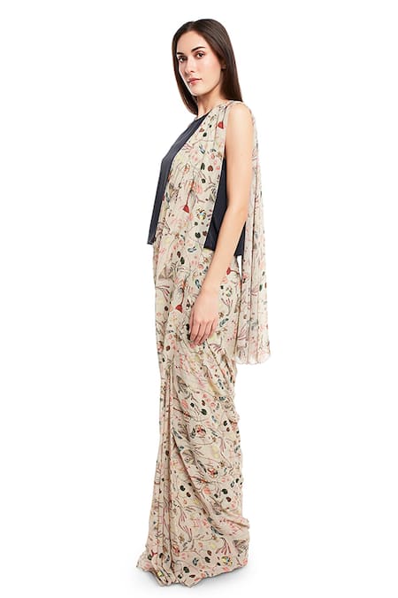 PS Pret By Payal Singhal_Beige Saree Art Georgette Printed Forest Round With Top_Online_at_Aza_Fashions