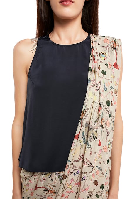 Buy_PS Pret By Payal Singhal_Beige Saree Art Georgette Printed Forest Round With Top_Online_at_Aza_Fashions