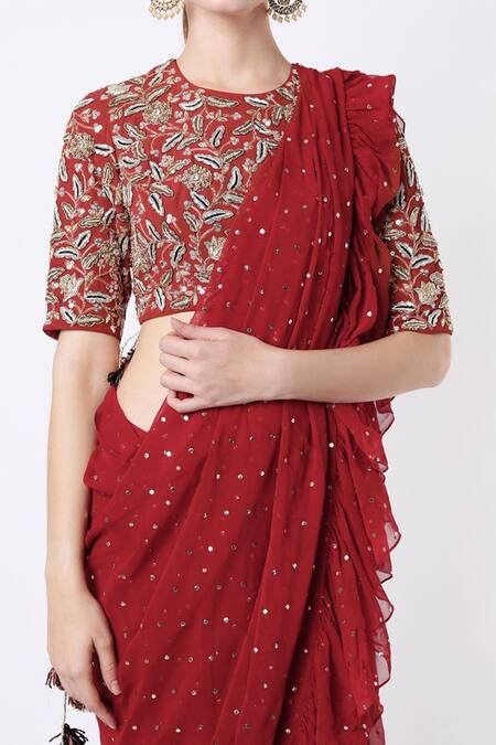 Payal Singhal Maroon Georgette Thread, Sequin And Pre-stitched Saree With Embroidered Blouse Online at Aza Fashions Payal Singhal_Maroon Georgette Thread, Sequin And Pre-stitched Saree With Embroidered Blouse _Online_at_Aza_Fashions
