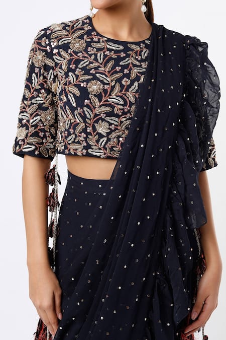 Payal Singhal_Blue Georgette Embroidery Thread Round Pre-stitched Saree With Blouse _Online_at_Aza_Fashions