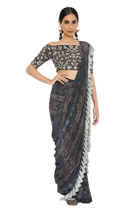 Payal Singhal_Multi Color Crepe One Shoulder Amani Pre-stitched Saree With Choli _Online_at_Aza_Fashions