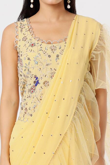 Payal Singhal_Yellow Georgette And Net Mukaish Work & Thread Frill Border Saree With Blouse_Online_at_Aza_Fashions