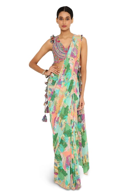 Shop_Payal Singhal_Grey Georgette African V Neck Animal Print Pre-draped Saree Set _Online_at_Aza_Fashions