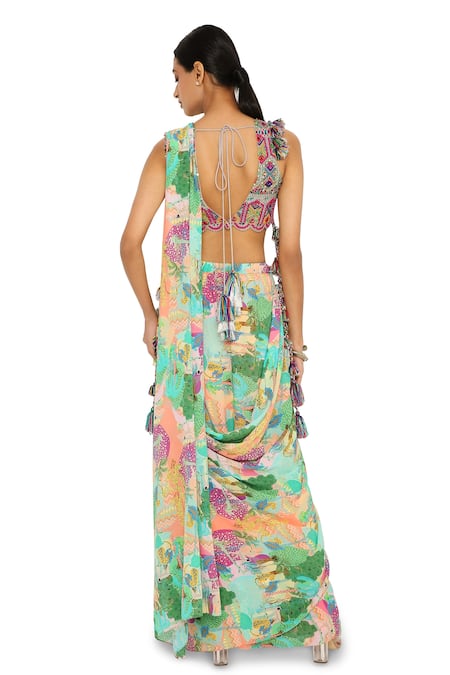Payal Singhal Animal Print Pre-Draped Saree Set 