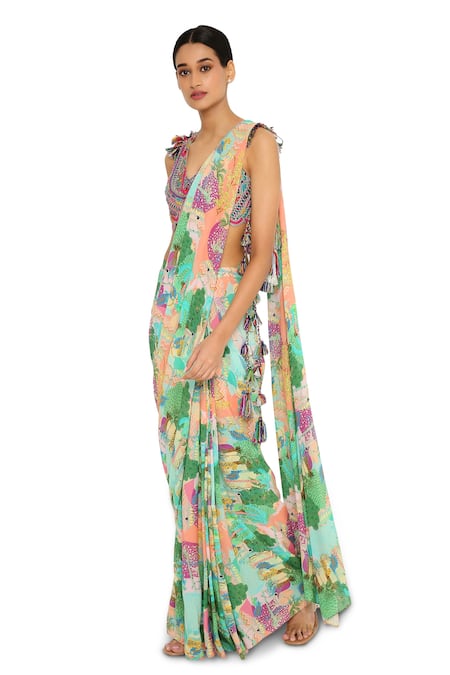 Payal Singhal_Grey Georgette African V Neck Animal Print Pre-draped Saree Set _at_Aza_Fashions