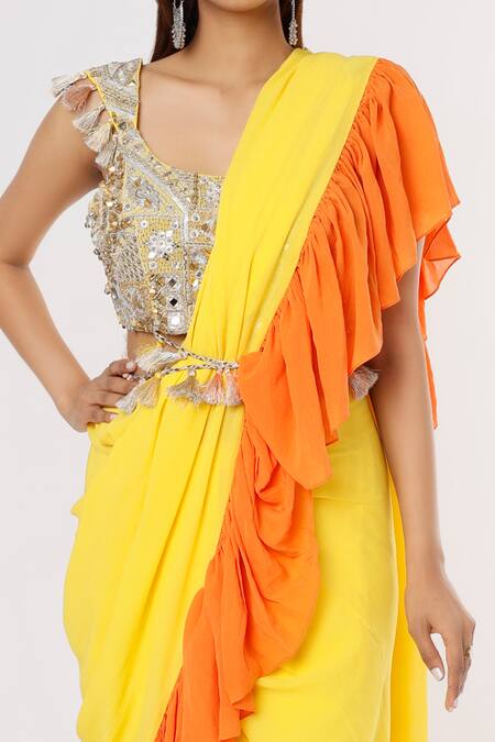 Payal Singhal_Yellow Georgette Thread And Mirror Scoop Neck Frill Border Saree With Blouse_Online_at_Aza_Fashions