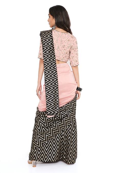Shop Payal Singhal Pink Silkmul Chevron Pattern V Neck Saree With Choli at Aza Fashions Shop_Payal Singhal_Pink Silkmul Chevron Pattern V Neck Saree With Choli_at_Aza_Fashions