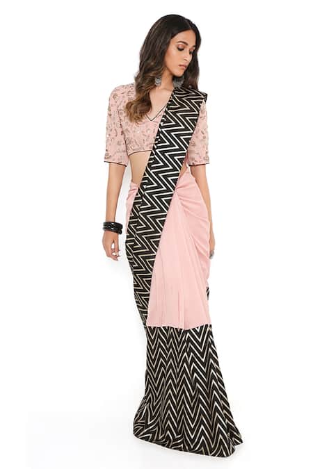 Payal Singhal Pink Silkmul Chevron Pattern V Neck Saree With Choli Online at Aza Fashions Payal Singhal_Pink Silkmul Chevron Pattern V Neck Saree With Choli_Online_at_Aza_Fashions